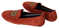 Dolce & Gabbana Opulent Orange Leather Loafers with Gold Embroidery