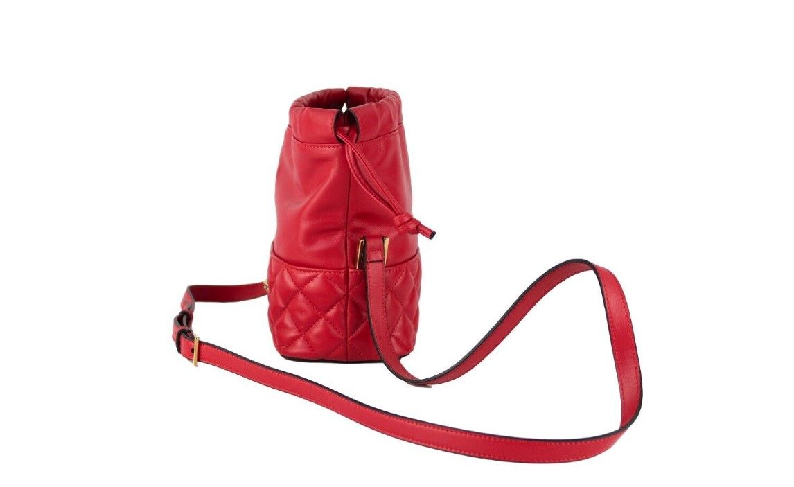 Versace Red Quilted Leather Drawstring Shoulder Bag Bucket Crossbody Handbag