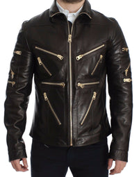 Dolce & Gabbana Elegant Brown Gold-Detailed Leather Jacket