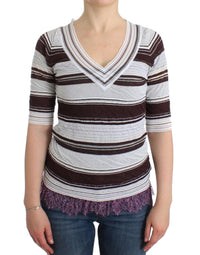 Ermanno Scervino Striped V-Neck Knit Top with Lace Hem