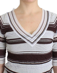 Ermanno Scervino Striped V-Neck Knit Top with Lace Hem