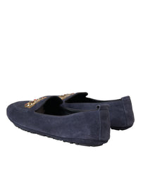 Dolce & Gabbana Blue Leather Suede Crystal Crown Loafers Shoes