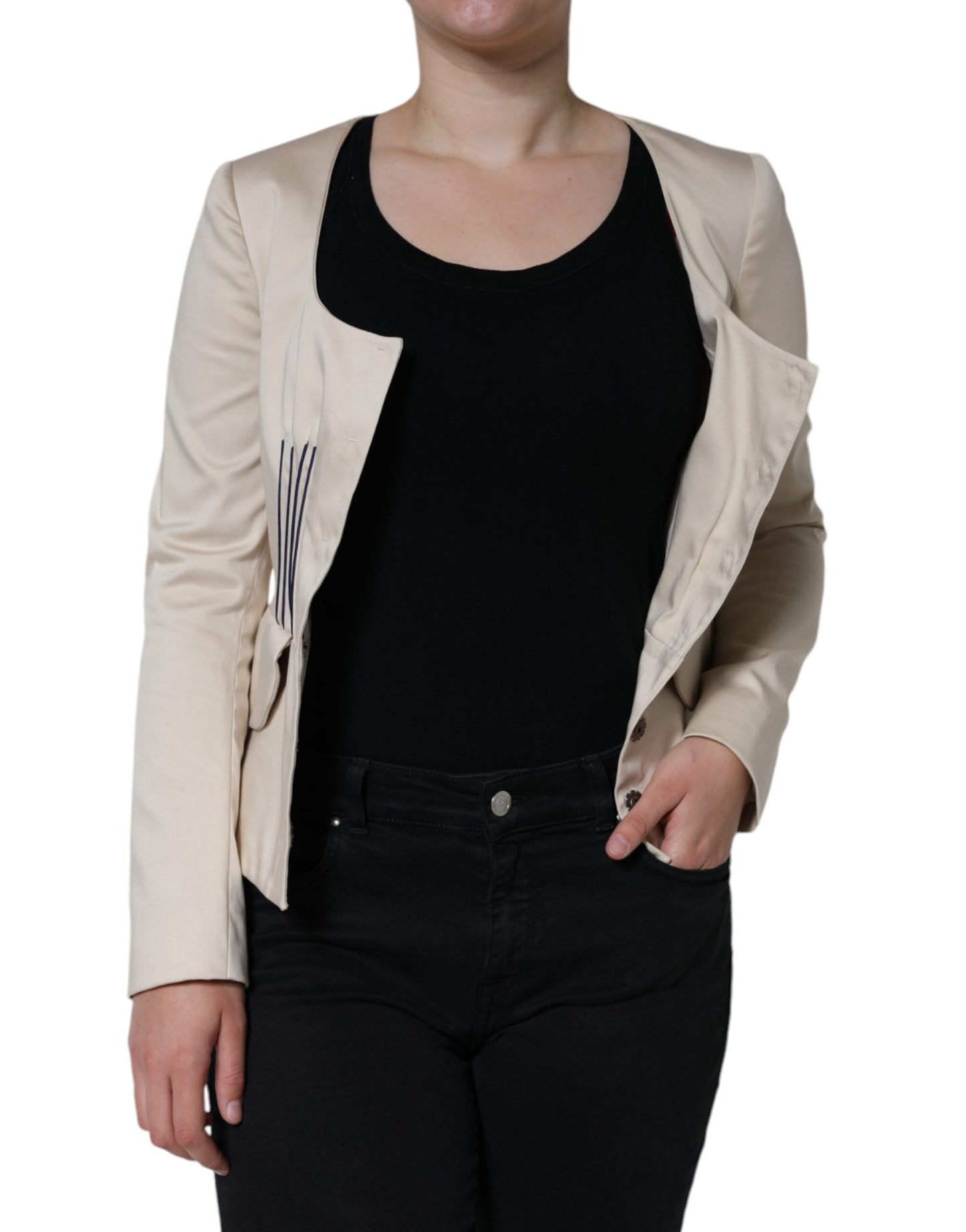 Valentino Beige Cotton Long Sleeves Round Neck Blazer Jacket