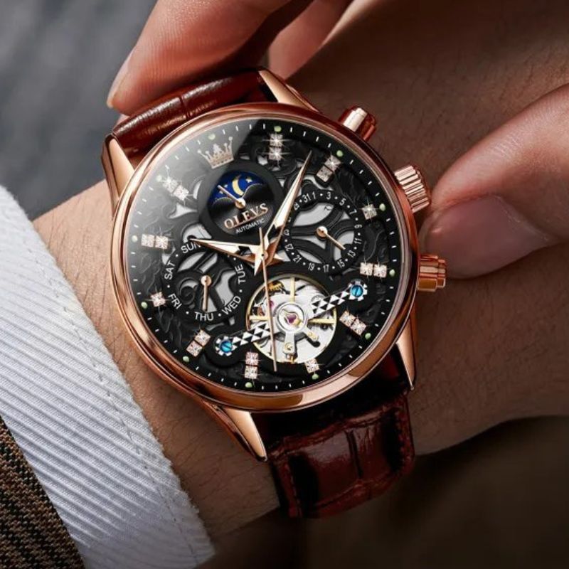 Elite Automatic Mechanical Watch with Leather Strap - Retail Flare