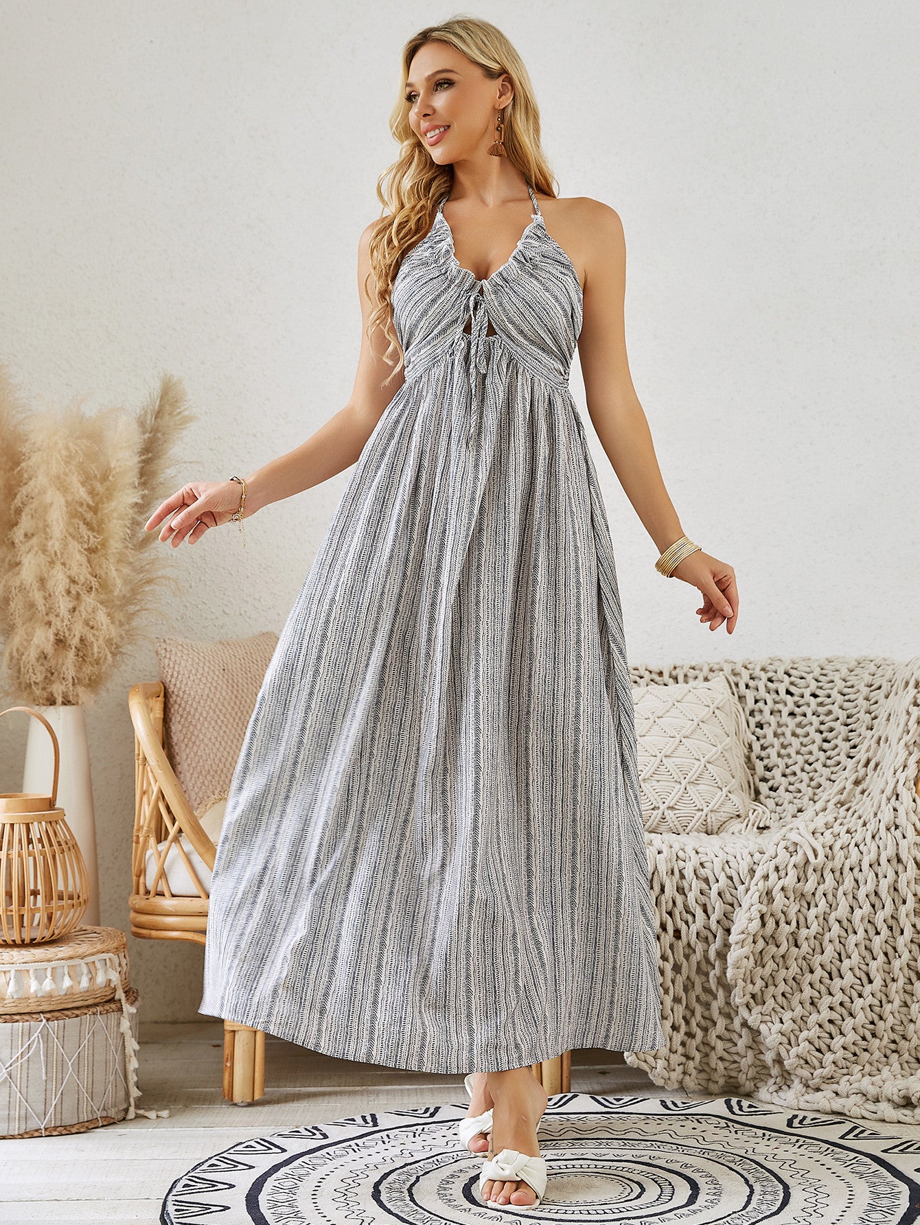 Bohemian Halter Maxi Dress - Women's Summer Striped Sleeveless Flowy Beach Dress