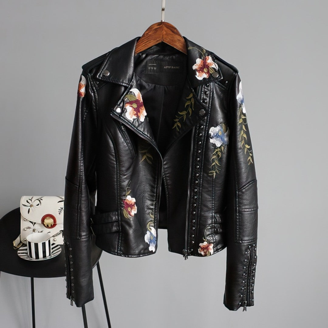 AMELIA | Leather Jacket with Embroidered Flowers